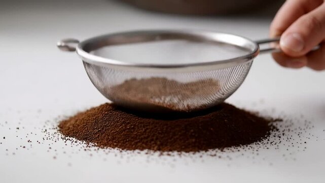 Hand sifting cocoa powder through metal strainer on white surface, kitchen background