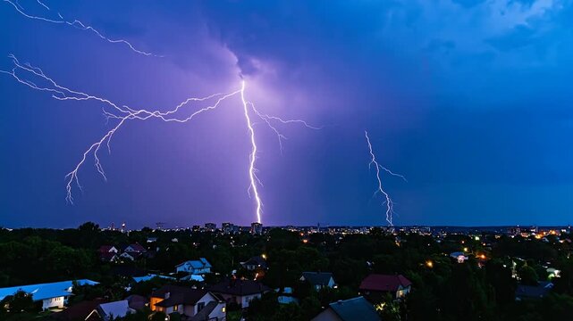 Stunning photo of lightning strikes illuminating a cityscape under a dark, dramatic, and stormy sky