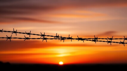 Dramatic sunset sky with silhouetted barbed wire in tranquil landscape at dusk