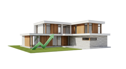 A modern house with a green arrow on the lawn.