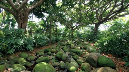 Lush Tropical Forest with Moss-covered Rocks and Dense Green Foliage