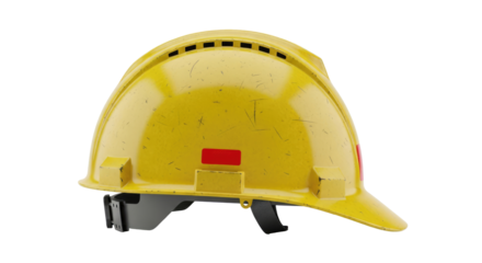 A yellow construction helmet with a red label on it.