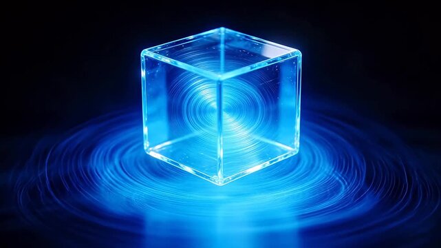 Transparent floating cube with blue ring light in dark space