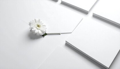 Minimalist layout White flower atop white cards, clean & crisp with bright lighting and soft shadows on a white surface