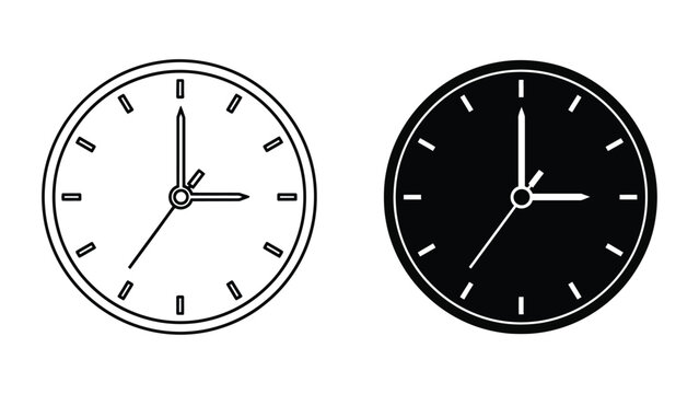Two clocks, one in outline and one in black, both showing 3:00.