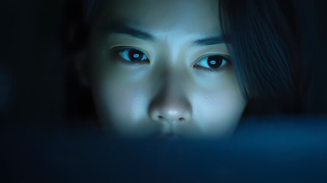 Close-up portrait of a young Asian woman with a concerned expression, conveying financial anxiety and inflation lifestyle stress in a dark