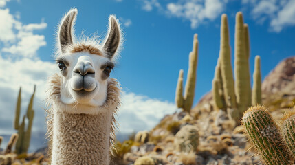 Close-up of a curious llama in a cactus-filled landscape under a bright blue sky