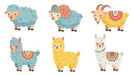 Fototapeta premium Whimsical Cartoon Llamas and Alpacas in Bright Patterns and Cheerful Colors Collection.
