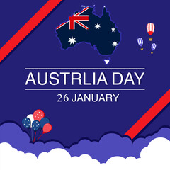 Australia Day celebration illustration featuring a map of Australia filled with the national flag, festive balloons, and patriotic colors.