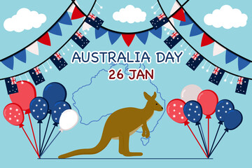 Australia Day celebration illustration featuring a kangaroo, Australian national flags, colorful balloons, and festive bunting decorations.
