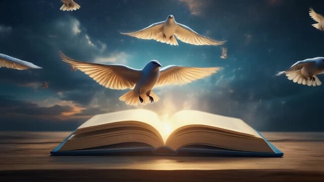 Books transforming into flying birds symbolizing freedom through education (World Education Day).