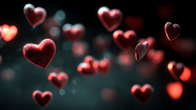 Textured red hearts floating in a dark blurred space with soft bokeh lights, romantic abstract background symbolizing love, passion and tenderness, perfect for Valentine&rsquo;s Day designs, greetings and m