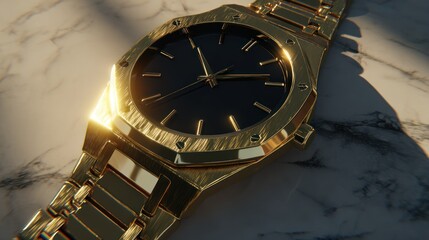 Luxury Gold Wristwatch with Black Dial on Marble Surface Elegant Stylish Timepiece