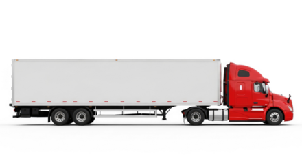 A red and white semi-truck with a trailer parked on a png transparent