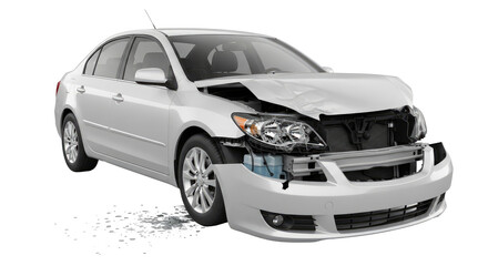 Naklejka premium A white car with visible damage, including a broken windshield and front bumper, png transparent