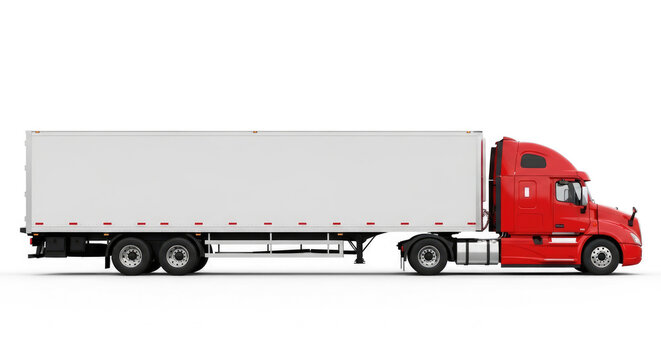 A red and white semi-truck with a trailer parked on a png transparent