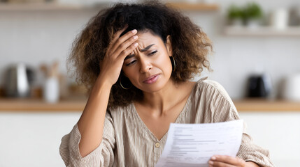 Stressed woman reading financial document at home, holding head showing worry. Female dealing with bills, debt problems. Mental health concept illustrating everyday pressure, anxiety.