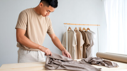 Man folding fabric on table during sewing project. Textile designer working with neutral beige materials near clothing rack. Creative fashion design concept, handmade garment making, tailor lifestyle.