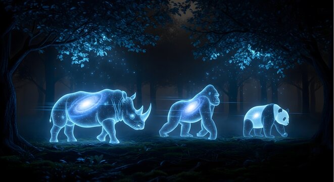 Glowing blue holographic rhino, gorilla and panda walking in dark forest. Futuristic digital wildlife conservation and endangered species extinction concept background.