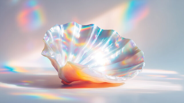 Iridescent seashell displaying holographic rainbow prism effects against soft background. Mother of pearl nacre showing colorful light refraction, natural marine beauty, luxury organic texture concept
