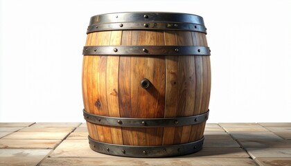 Fototapeta premium Polished wooden barrel with five riveted metal hoops, vertical staves and sealed top, warm tone and bulging center evoke traditional craftsmanship for storing wine, whiskey, or aged spirits.