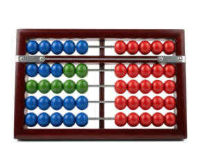 A wooden abacus with blue, red, and green beads on a png transparent