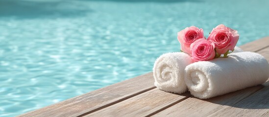 infinity pool with rolled-up towels and romantic decorations for Valentine's Day