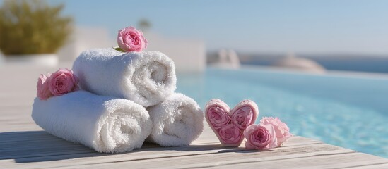 infinity pool with rolled-up towels and romantic decorations for Valentine's Day