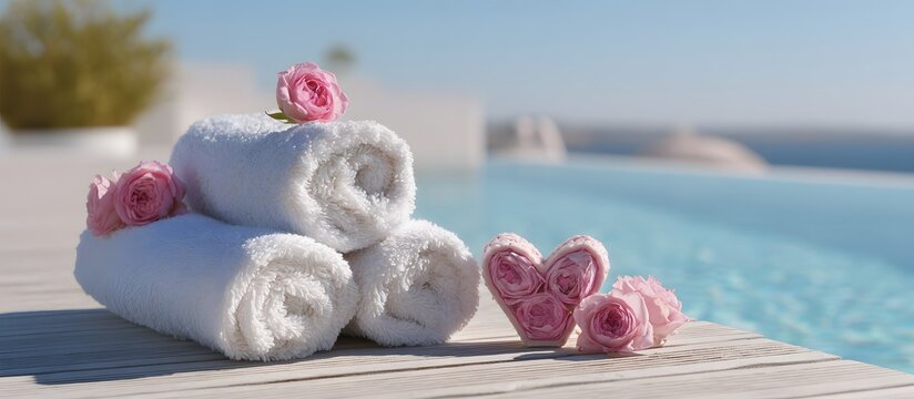 infinity pool with rolled-up towels and romantic decorations for Valentine's Day