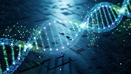 Digital representation of DNA double helix structure with glowing particles.