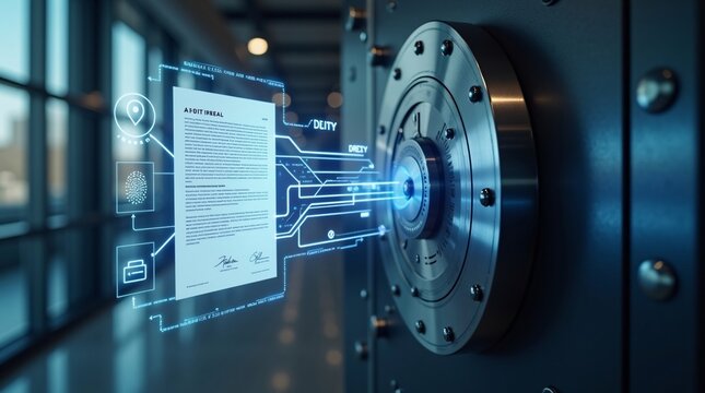 Secure Digital Vault Interface with Holographic Document and Cybersecurity Circuit Connections