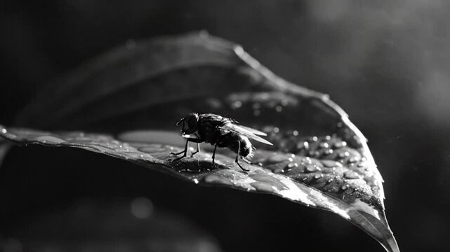 Black and white close-up of a housefly resting on a wet leaf glistening with water droplets in a low-key lighting environment