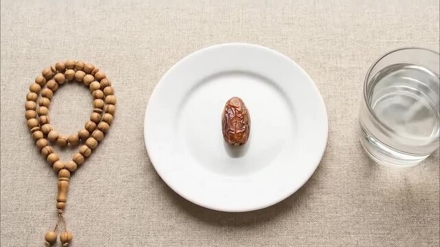 Knolling photography (flat lay) of Ramadhan essentials: a wooden misbaha (rosary) 4k Videos