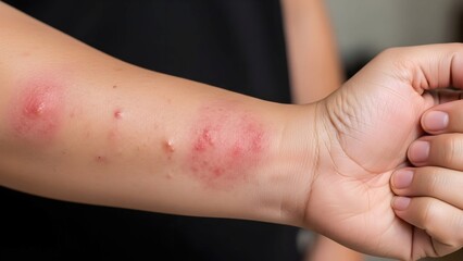 Skin Inflammation and Allergy: Close-up of Red Rash and Hives on Human Arm
