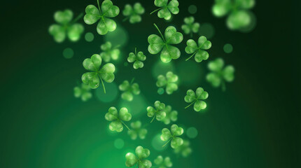St patricks day themed image showing a cluster of green shamrocks floating on a gradient green background with a bright light source below