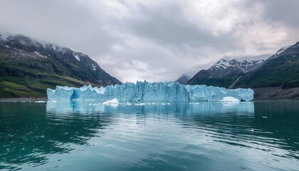Glacier in Serene Lake: An imposing glacier, a testament to nature's power, floats serenely on a calm lake, cradled by majestic mountain, reflecting a moment of quietude.