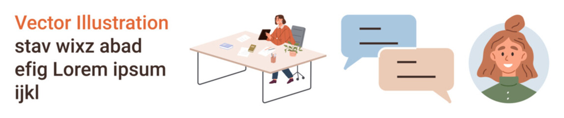 Remote work, virtual assistance, business communication, online learning, teamwork, modern workspace. Woman at desk with chat bubbles. Remote work and virtual assistance
