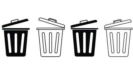 Four trash cans are depicted in a line with open lids, rendered in both filled and outline styles.