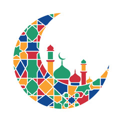 A contemporary flat design vector illustration featuring a crescent moon composed of bold geometric Islamic patterns and colorful mosaic blocks, ideal for modern Ramadan and Eid greeting cards