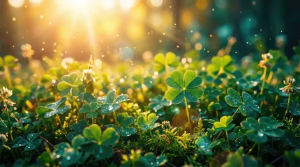 Sierkussen Meisjeskamer St patricks day inspired scene showing a field of green plants with bright yellow light shining from above and small floating lights  © Black