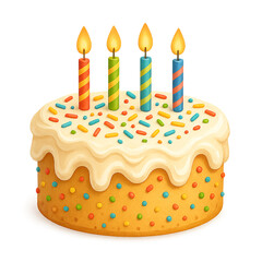 Birthday or party cake with decorative icing, sprinkles, and candles isolated on transparent background 