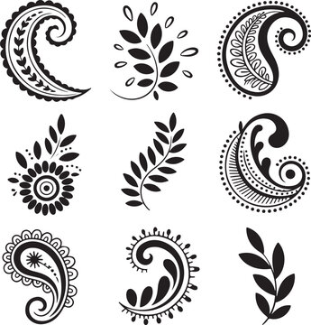 black and white paisley designs with leaves and flowers
