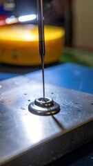 Close-up of a needle entering a small, black, circular object on a flat surface; blurry yellow round object in background