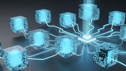 Network of interconnected digital cubes with data streams.