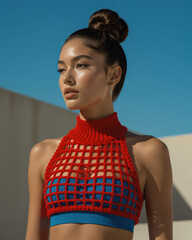 High-Energy Fashion Portrait of Model in Architectural Technical Knitwear.