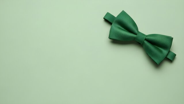 Stylish dark green bow tie laying flat on a light green pastel background with copy space.
