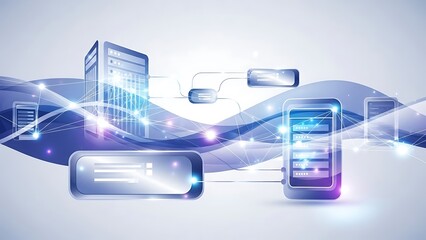 Futuristic mobile devices and digital interface elements.