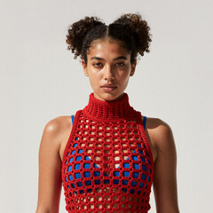 Raw Sun-Drenched Shot of Primary-Tech Crochet Fashion with High-Headspace Framing.