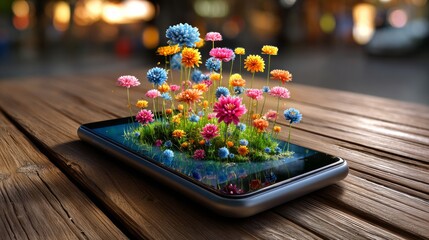 Smartphone with Vibrant Flowers Growing from Screen