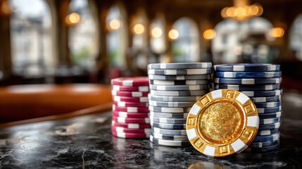 Stacks of poker chips on blackjack table near betting circles in casino setting
